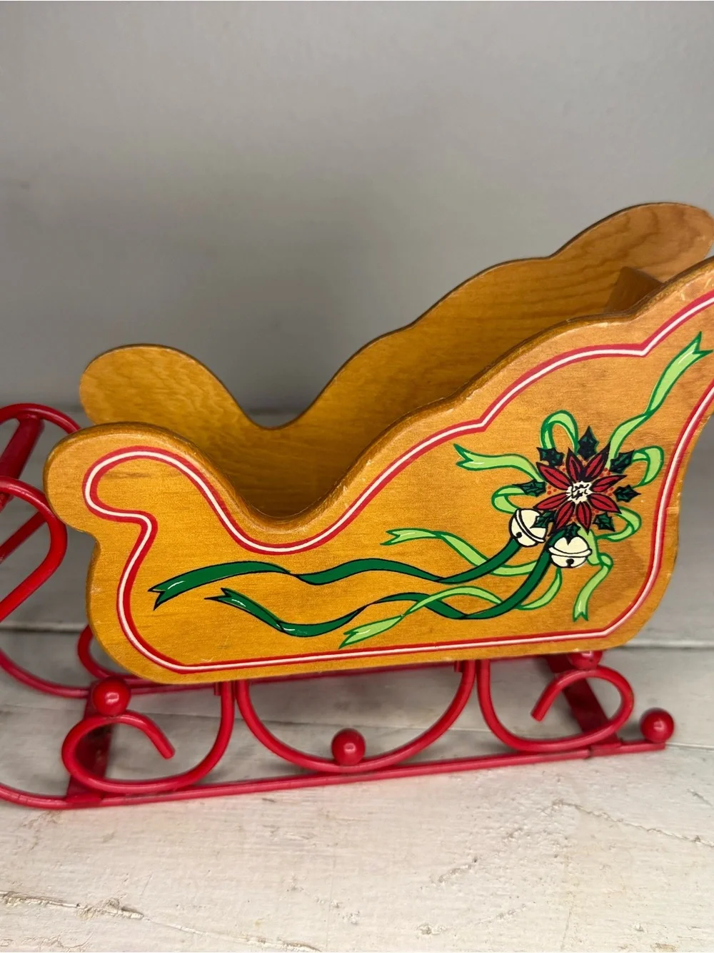 Vintage Poinsettia Wooden Sleigh Planter w/Metal Rails. Sleigh 8